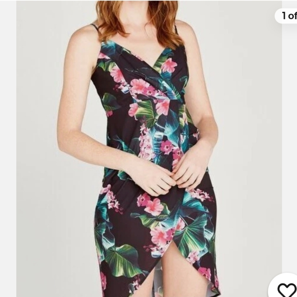 Apricot Black Tropical Mini Slip Wrap Dress Tulip Hem Size XS